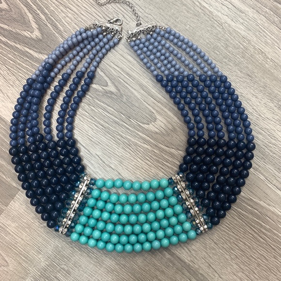 navy and turquoise layered beaded necklace - Picture 5 of 5